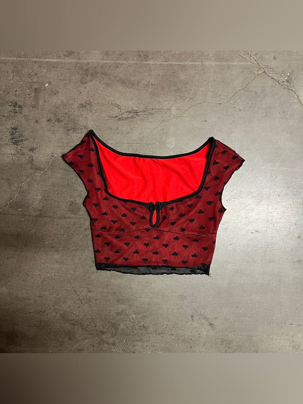 Red Cropped Top with Black Heart Print Mesh Overlay